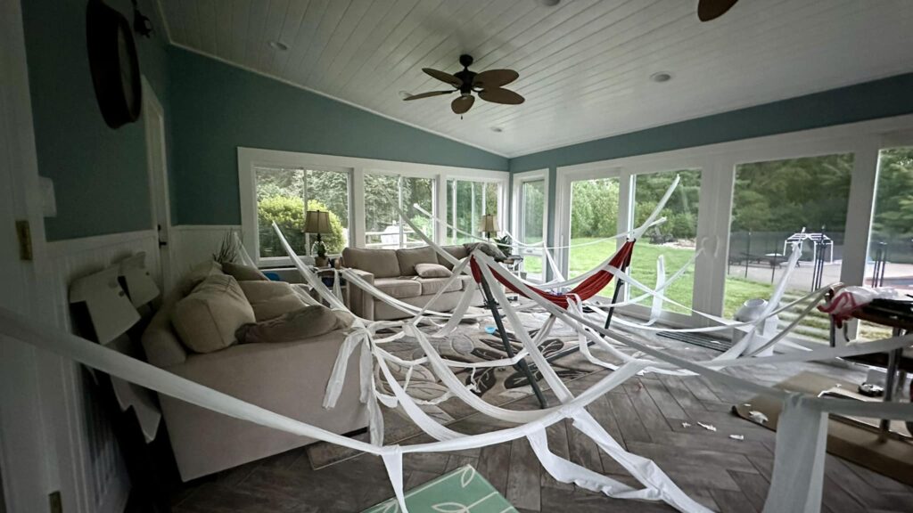 Patio covered in toilet paper